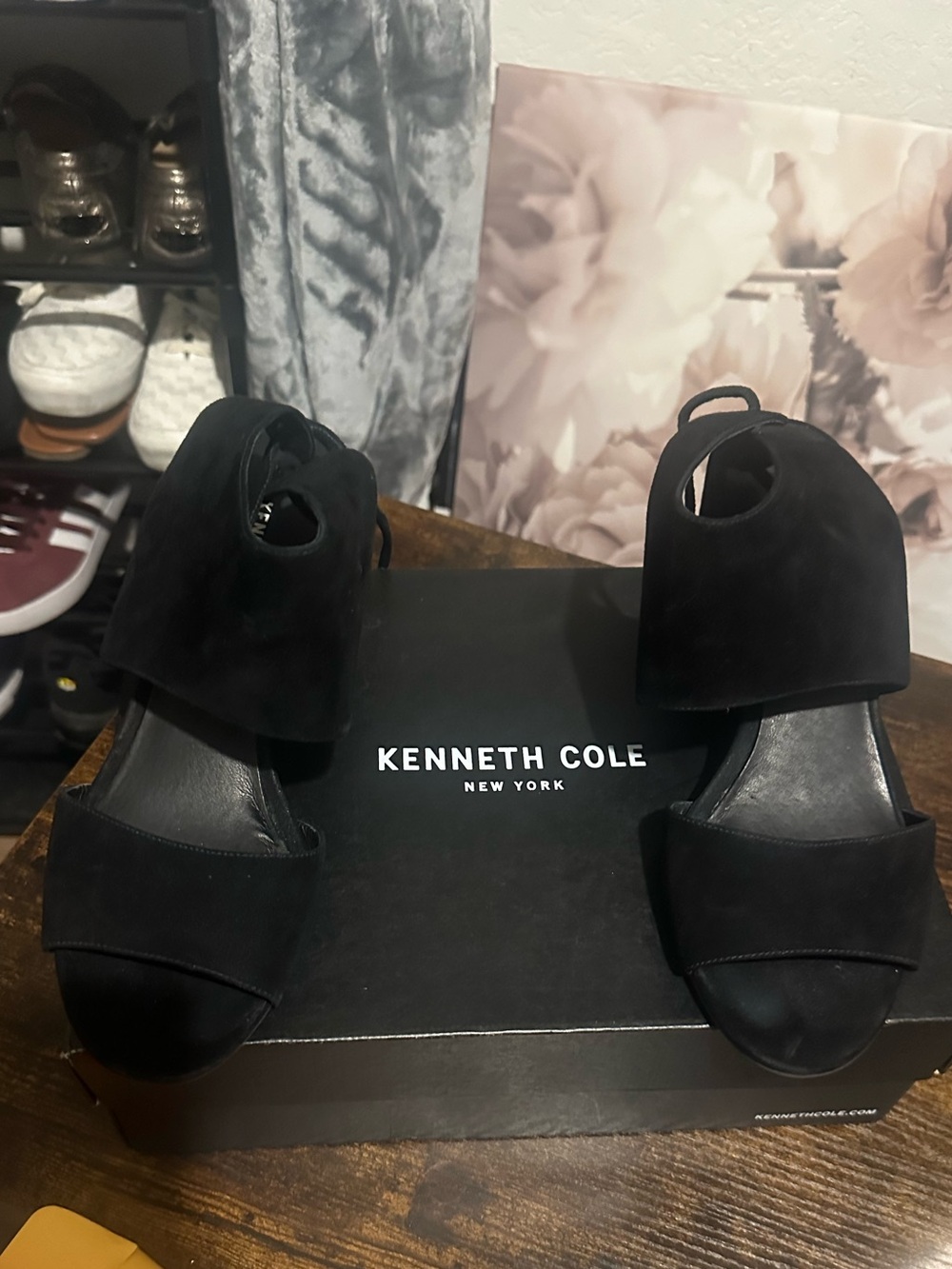 Kenneth Cole Black Suede Ankle-Strap Open-Toe Heels